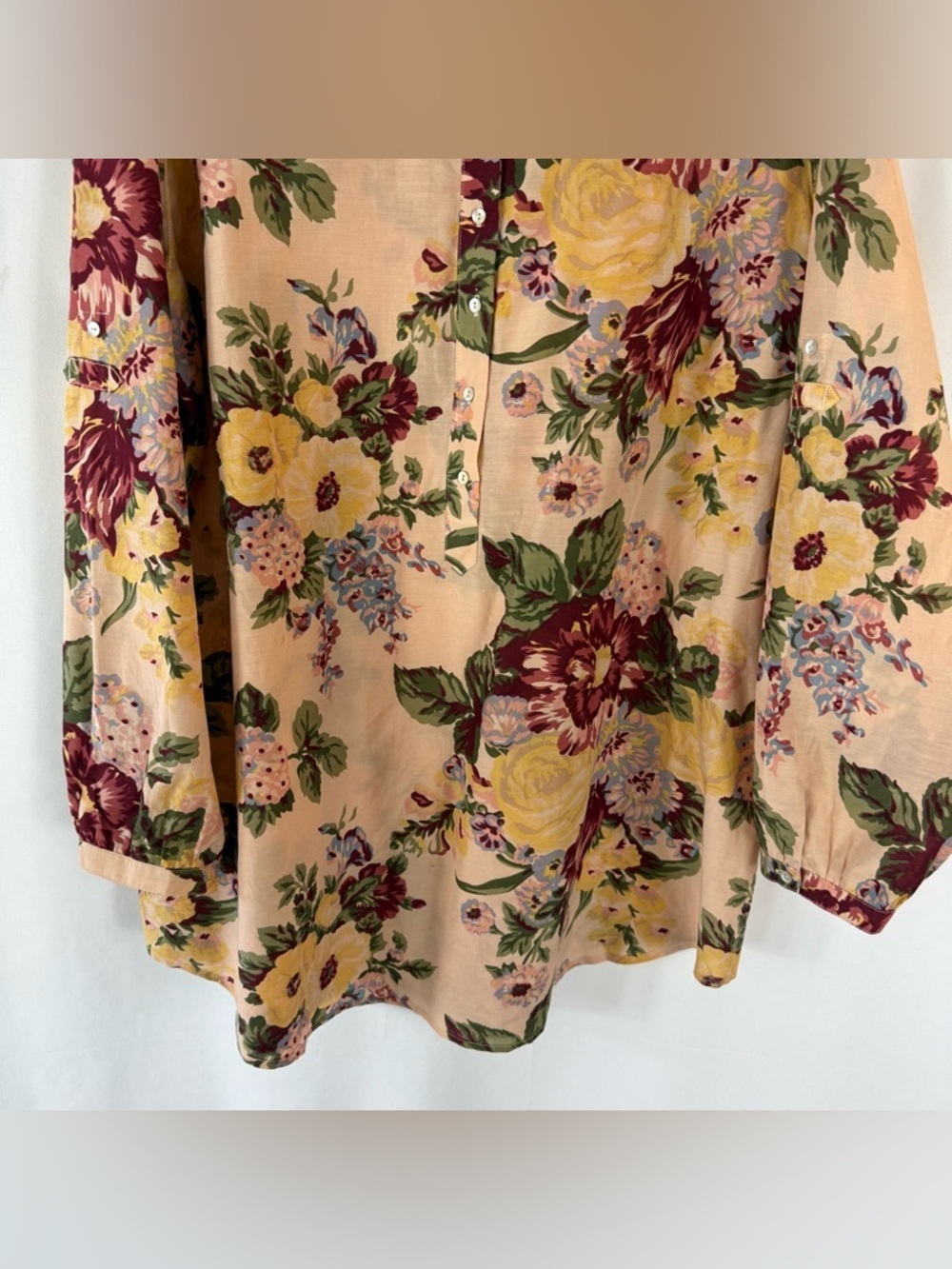 Soft Surroundings Peach Floral Tunic with Burgundy Trim size: 2X - Picture 4 of 13